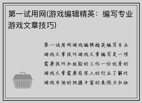 第一试用网(游戏编辑精英：编写专业游戏文章技巧)